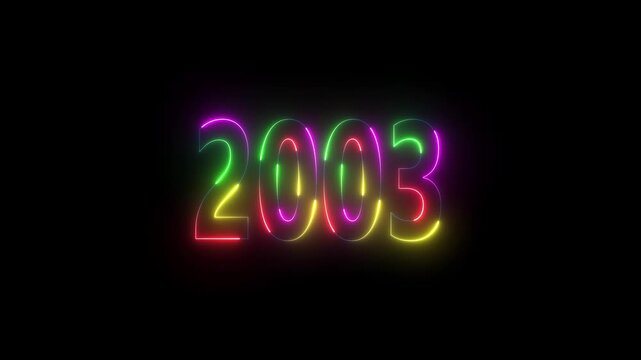 Neon sign displaying the year 2003 with a colorful glow against a black background lights