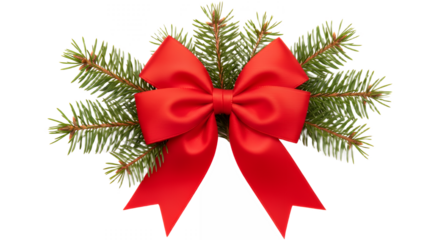 Festive red bow with evergreen branches for christmas holiday decorations on transparent background