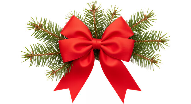 Festive red bow with evergreen branches for christmas holiday decorations on transparent background