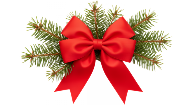 Festive red bow with evergreen branches for christmas holiday decorations on transparent background - Powered by Adobe