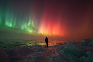 Obraz premium A solitary figure gazes at a vibrant aurora borealis over a frozen landscape