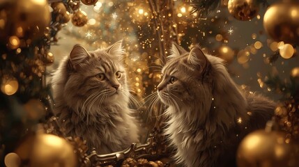&ldquo;Fluffy cat looking into a mirror where its reflection appears as a glowing Christmas spirit surrounded by floating ornaments, golden particles, dreamy surreal atmosphere, elegant warm tones, ultra-de