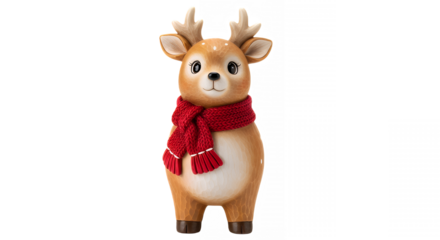 Adorable reindeer wearing a red scarf stands against a black studio backdrop on transparent background