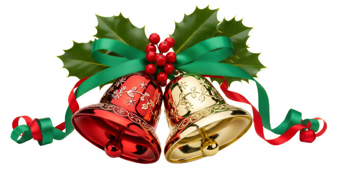 Festive christmas bells with holly and ribbons for holiday celebrations design on transparent background - Powered by Adobe
