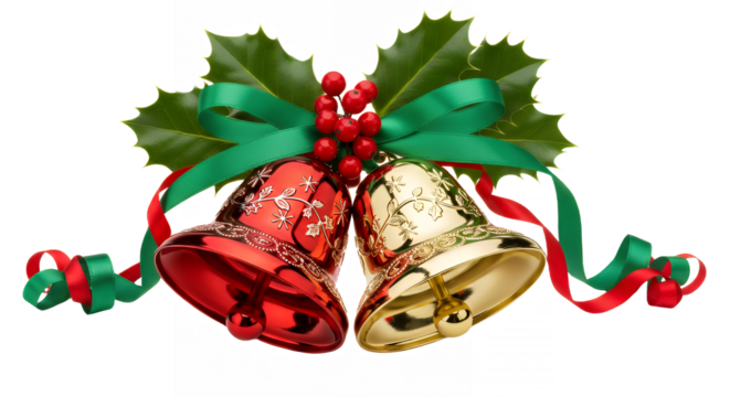 Festive christmas bells with holly and ribbons for holiday celebrations design on transparent background