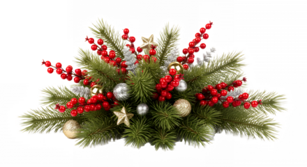 Festive christmas centerpiece with red berries and ornaments on a black backdrop on transparent background