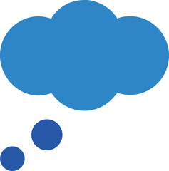 A simple solid blue thought bubble icon with trailing dots on white background