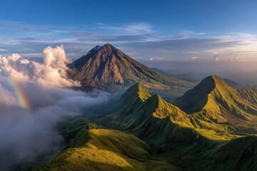 Majestic volcanic peaks bathed in golden light