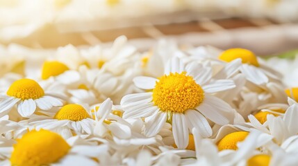 Close up of organic chamomile flowers displaying delicate petals
