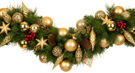 Festive christmas garland with golden ornaments and pinecones on transparent background