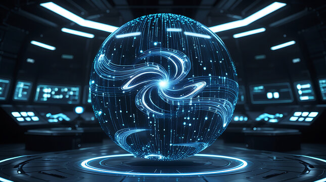 Glowing futuristic egg shaped device in a high tech control room