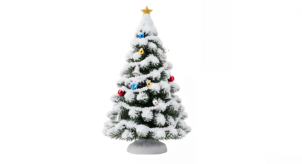 Decorated christmas tree covered with snow and ornaments on transparent background