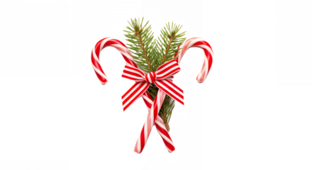 Festive candy canes tied with a red and white bow and evergreen sprigs on transparent background