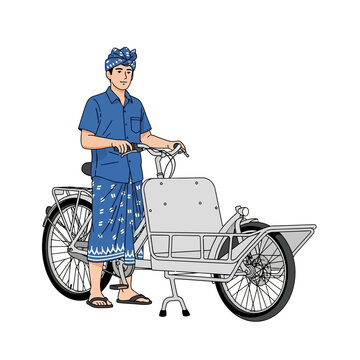Indonesian man poses with vintage tricycle traditionally adorned in a cultural illustration