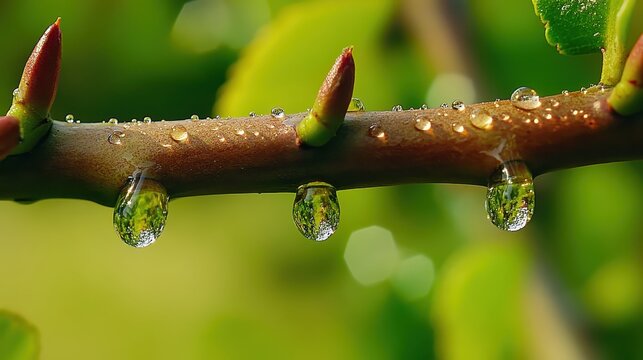 Close up of water droplets on a thorny branch in nature - Powered by Adobe