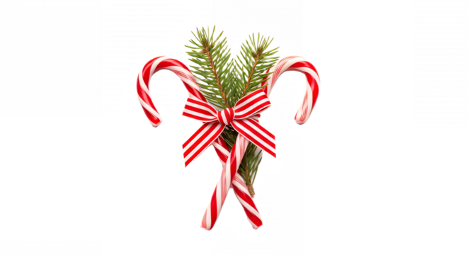 Festive candy canes tied with a red and white bow and evergreen sprigs on transparent background