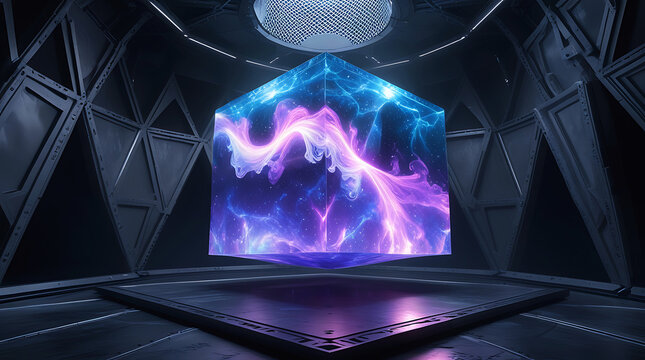 Glowing hexagonal crystal in futuristic chamber