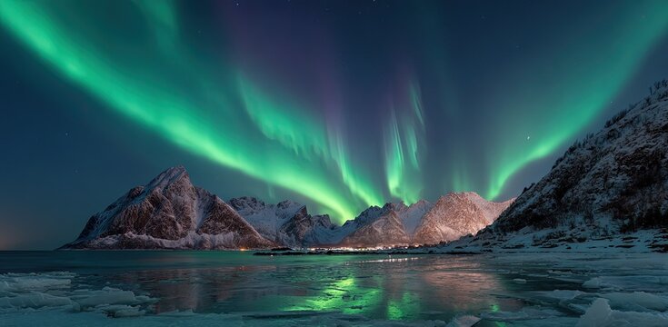Aurora borealis over snowy mountains reflecting on frozen lake - Powered by Adobe