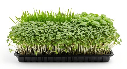 Fresh green microgreens and basil growing in a black plastic tray on a white background sprouts herbs