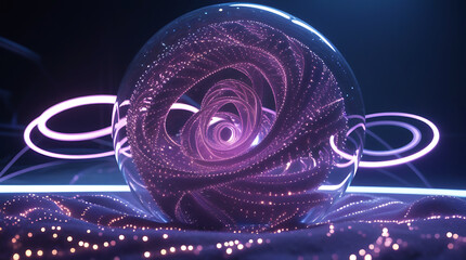 Mysterious glowing orb with swirling interior and neon rings