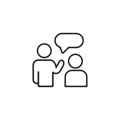 Minimal line icon showing two people with a chat bubble, representing communication, discussion, and messaging. Perfect for apps, teamwork graphics, customer support, and dialogue.