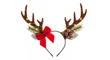 Festive reindeer antlers headband with red bow and lights for holiday cheer on transparent background