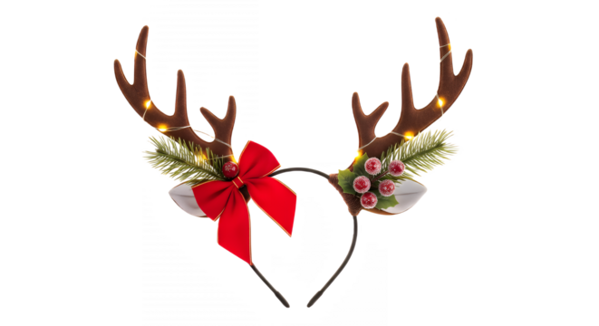 Festive reindeer antlers headband with red bow and lights for holiday cheer on transparent background