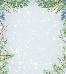 Obraz premium Christmas background with winter greenery frame, spruce, pine tree twig and eucalyptus branch against background of snowfall. New Year design for greeting or invitation.