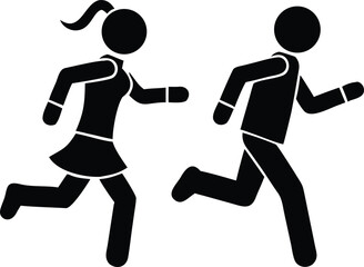 Black silhouettes of a woman and a man energetically running forward together