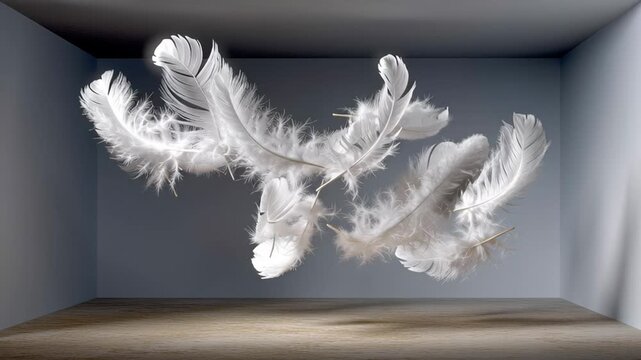Floating white feathers gracefully dance in an airy space, captured in a series of dynamic frames showcasing their movement, with a smooth camera pan enhancing the ethereal scene