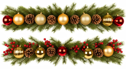 Festive christmas garland with ornaments and pinecones for holiday decorations on transparent background