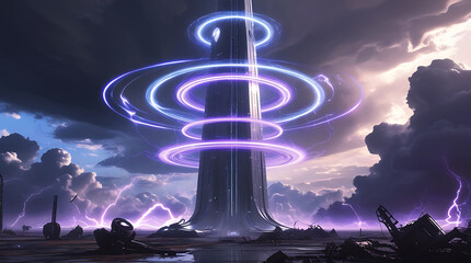 Futuristic tower emitting purple energy rings under stormy skies