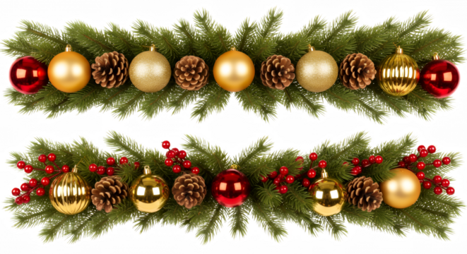 Festive christmas garland with ornaments and pinecones for holiday decorations on transparent background - Powered by Adobe
