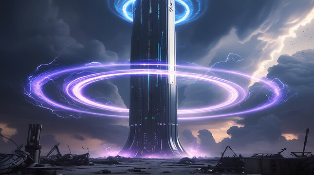 Futuristic tower emitting energy rings under stormy skies