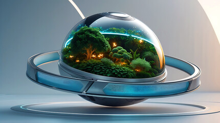 Futuristic orb containing a lush green ecosystem with glowing lights