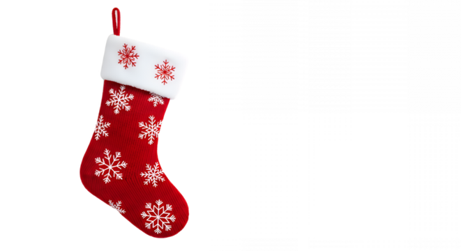 Red christmas stocking with white snowflakes hanging against a on transparent background