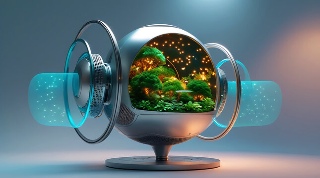 Futuristic bio dome pod with lush green interior