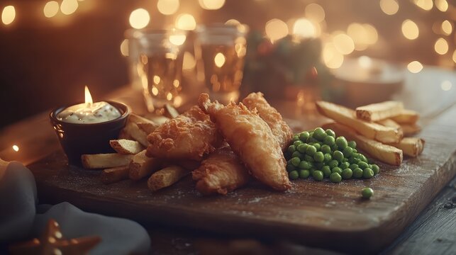 Crispy British Fish and Chips Served on Wooden Board