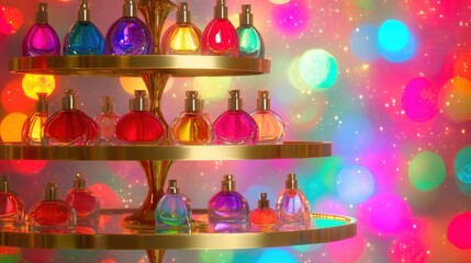 Elegant display of vibrant perfume bottles on a tiered shelf