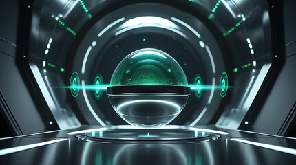 Futuristic sci fi tunnel with glowing green orb