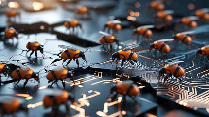 Robotic bees swarming on a futuristic circuit board