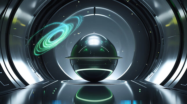 Futuristic sci fi egg orb in a high tech chamber