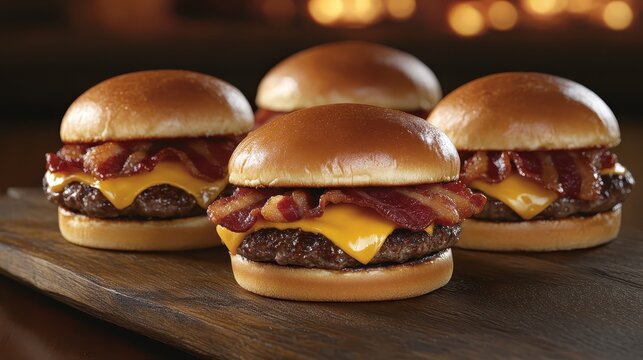 Delicious Burgers with Bacon and Cheddar on Wooden Board
