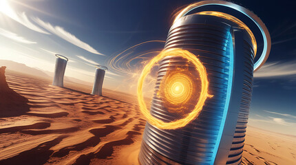 Futuristic desert cityscape with glowing structures and sand dunes