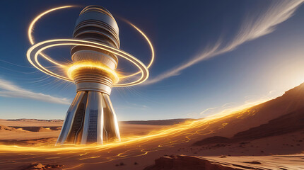 Futuristic tower with glowing rings on alien planet