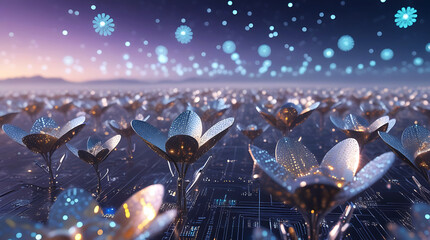 Vast crowd with raised hands under a digital sky