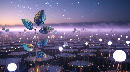 Bioluminescent futuristic cityscape with floating flora