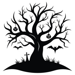 Halloween tree black and white silhouette on white background