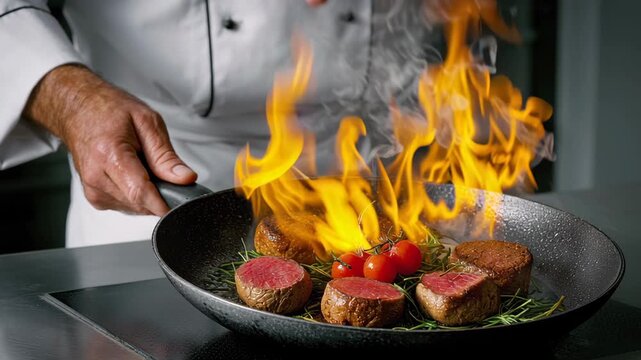 Chef skillfully sears premium cuts of beef in a sizzling pan, flames erupting dramatically while vibrant cherry tomatoes and herbs enhance the culinary scene, showcasing intense cooking action