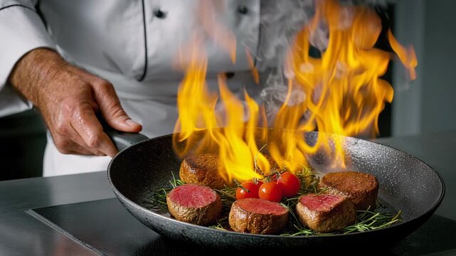 Chef expertly sears premium cuts of beef in a sizzling pan, flames erupting dramatically, showcasing culinary skill and vibrant ingredients, camera follows the action closely